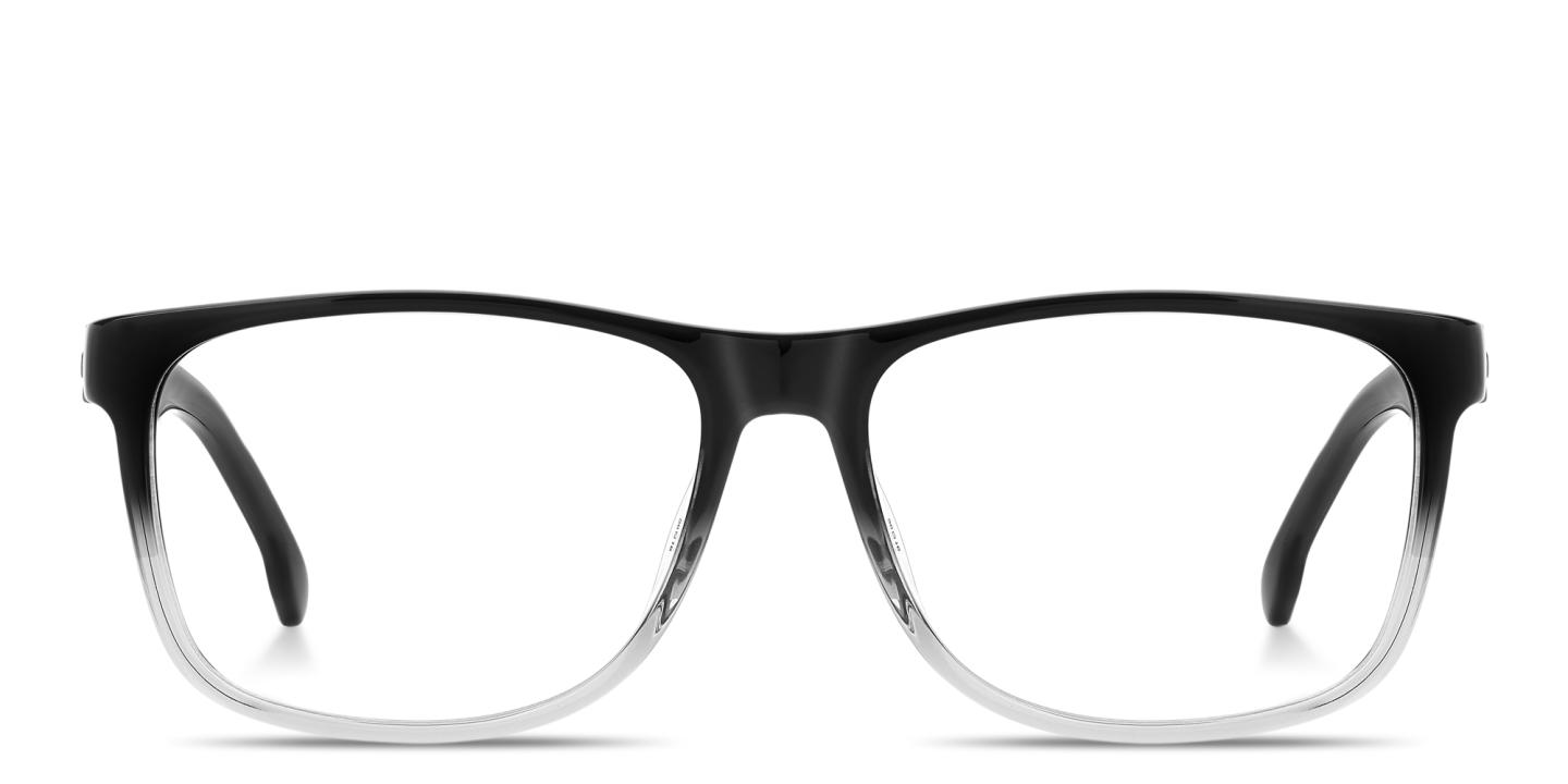 Shop Carrera Logo Lettering Wide Rectangle Eyeglasses in Transparent Grey & Black online.