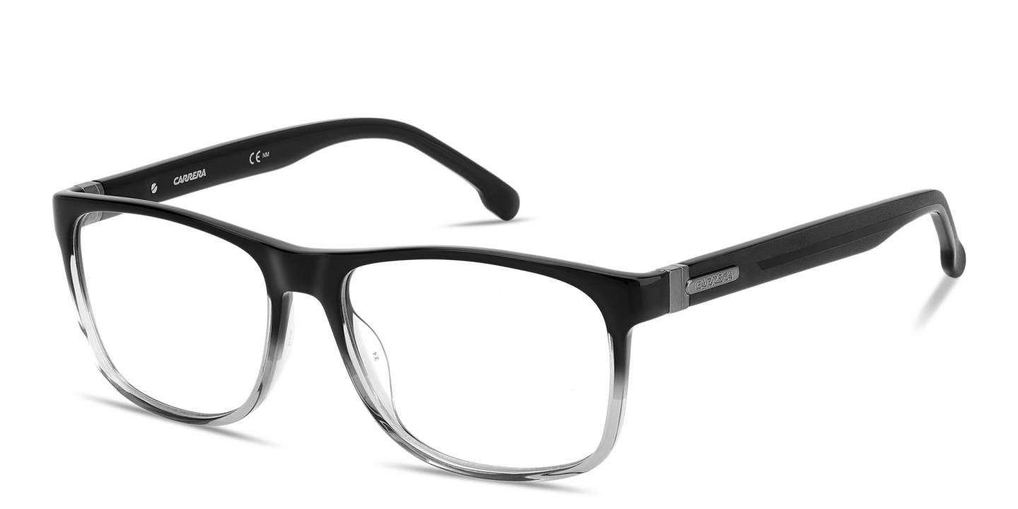 Shop Carrera Logo Lettering Wide Rectangle Eyeglasses in Transparent Grey & Black online.
