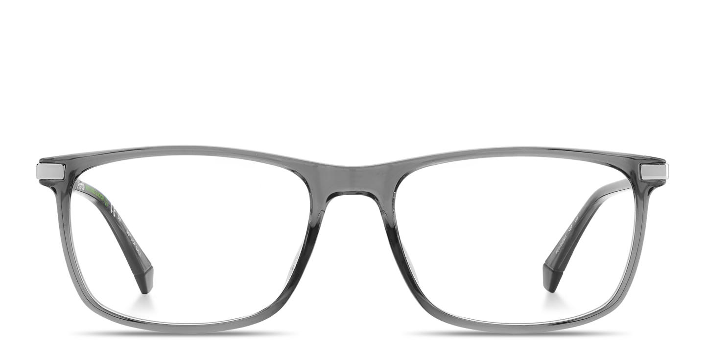Shop Polaroid Engraved Logo Rectangle Eyeglasses in Transparent Grey online.