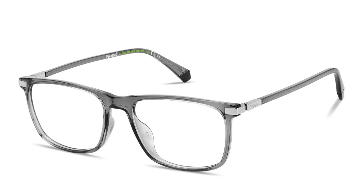 Shop Polaroid Engraved Logo Rectangle Eyeglasses in Transparent Grey online.