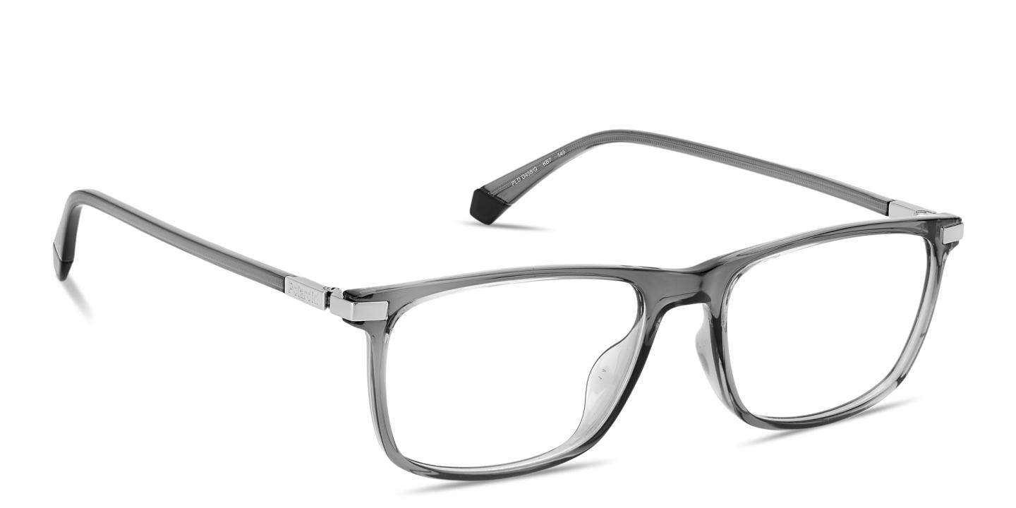Shop Polaroid Engraved Logo Rectangle Eyeglasses in Transparent Grey online.
