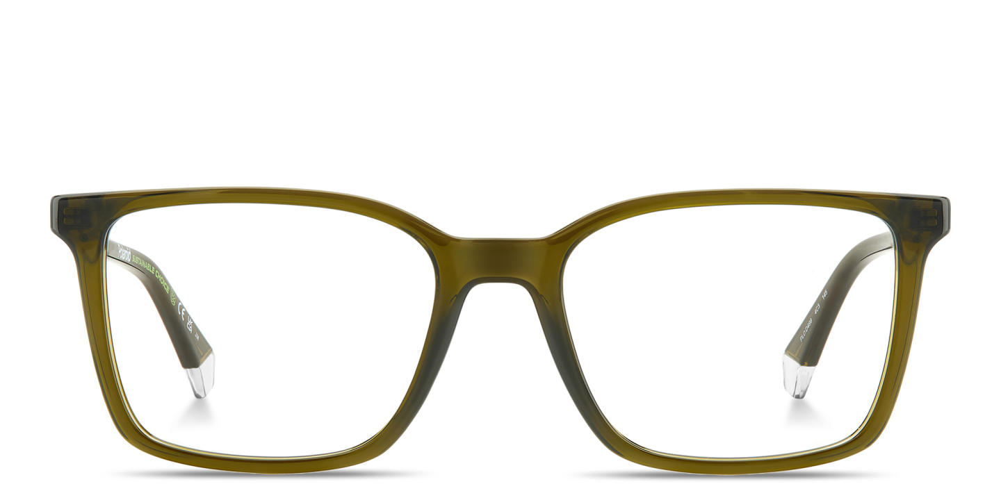 Shop Polaroid Logo Lettering Rectangle Eyeglasses in Transparent Olive online.