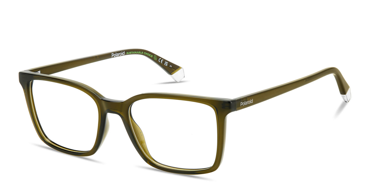 Shop Polaroid Logo Lettering Rectangle Eyeglasses in Transparent Olive online.