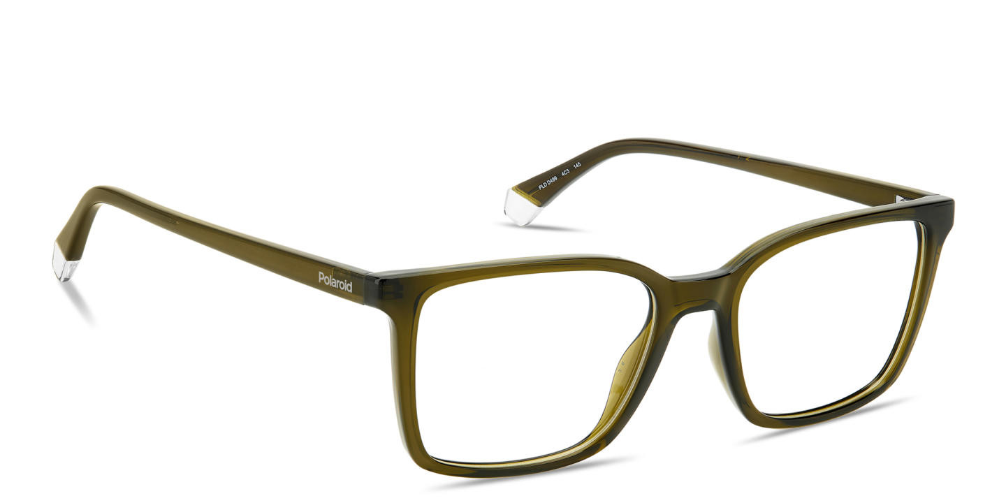 Shop Polaroid Logo Lettering Rectangle Eyeglasses in Transparent Olive online.