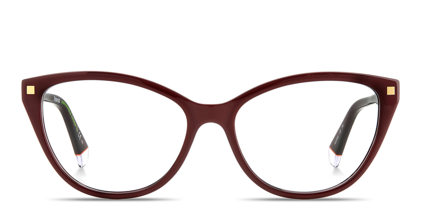 Shop Polaroid Logo Lettering Wide Cat-Eye Eyeglasses in Burgundy online.