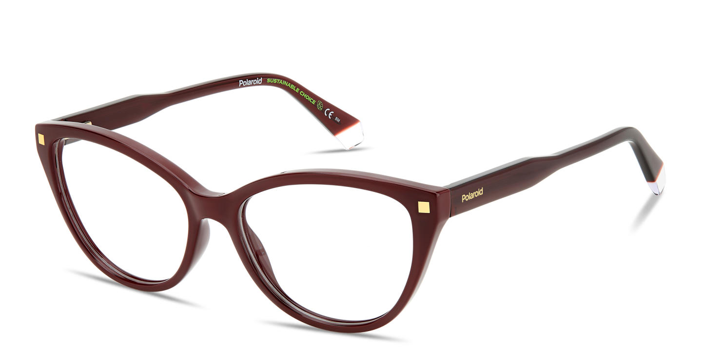 Shop Polaroid Logo Lettering Wide Cat-Eye Eyeglasses in Burgundy online.