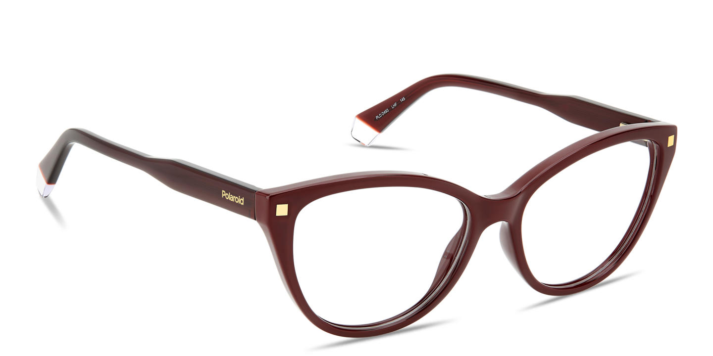 Shop Polaroid Logo Lettering Wide Cat-Eye Eyeglasses in Burgundy online.