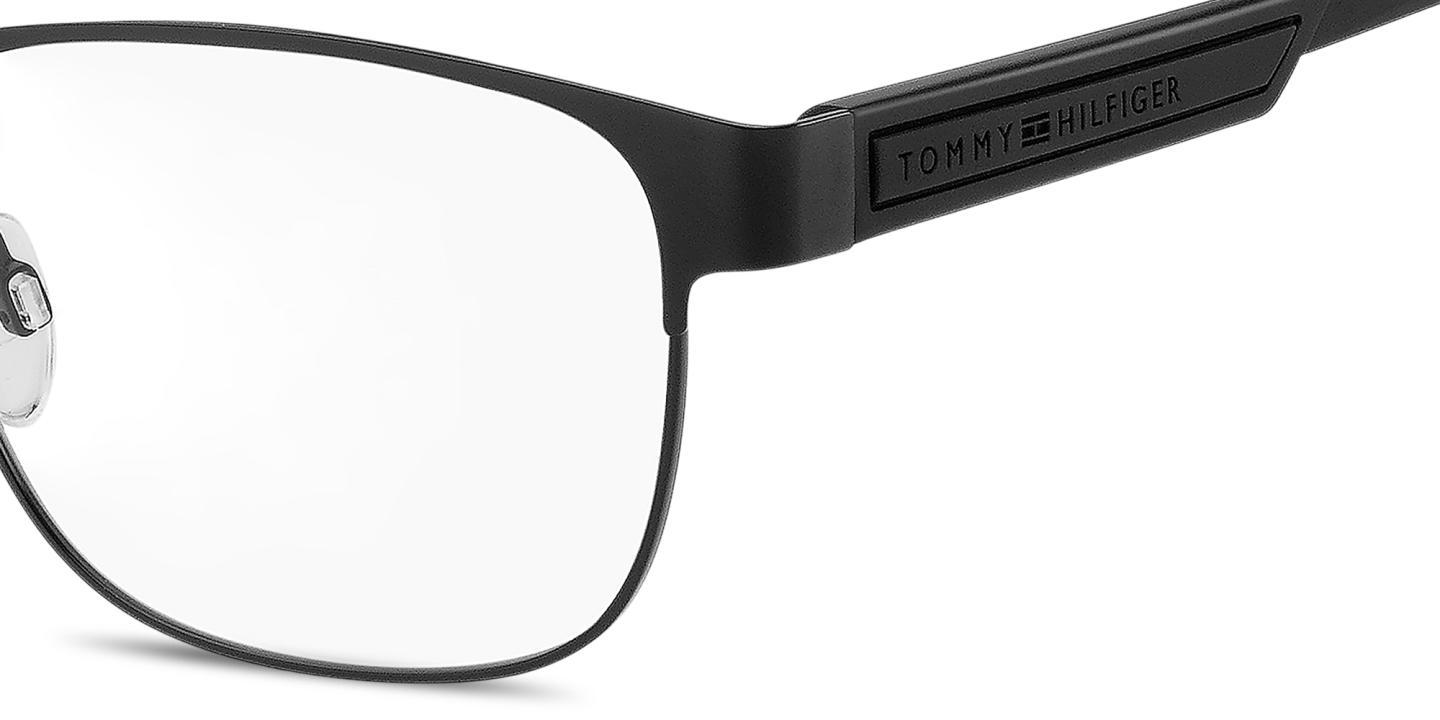 Shop Tommy Hilfiger Logo Signature Rectangle Eyeglasses in Black online.