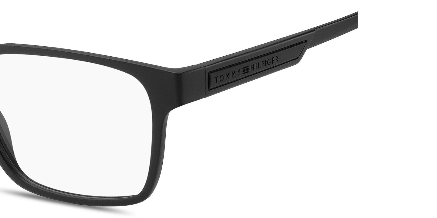 Shop Tommy Hilfiger Logo Signature Rectangle Eyeglasses in Black online.