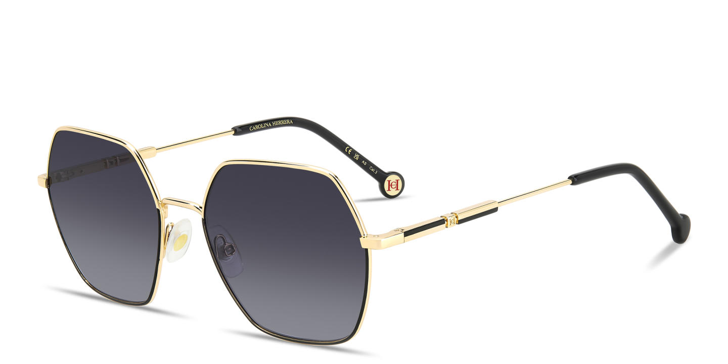 Shop Carolina Herrera Logo Irregular Sunglasses in Gold Black online.