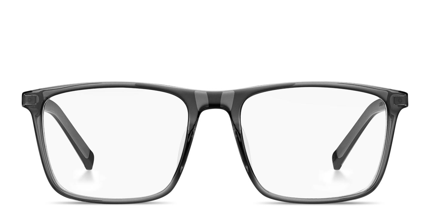Shop Tommy Hilfiger Logo Wide Rectangle Eyeglasses in Transparent Grey online.