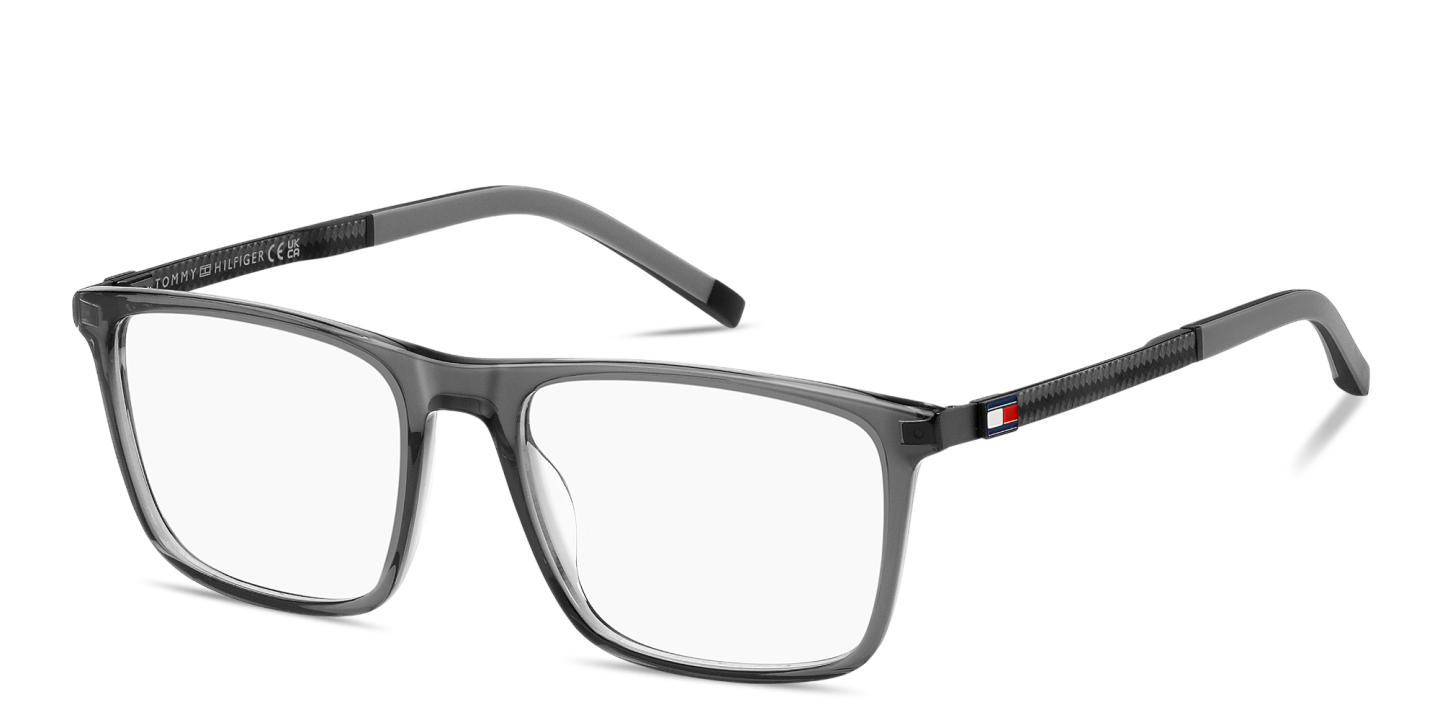 Shop Tommy Hilfiger Logo Wide Rectangle Eyeglasses in Transparent Grey online.