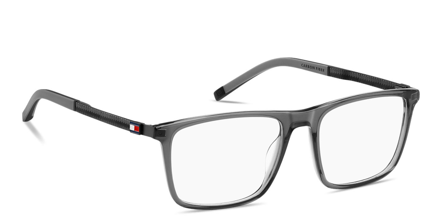 Shop Tommy Hilfiger Logo Wide Rectangle Eyeglasses in Transparent Grey online.