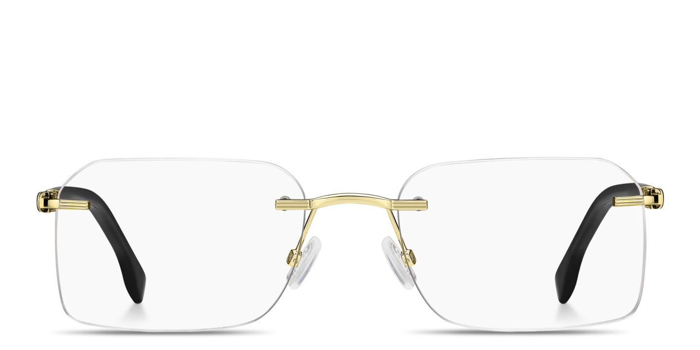 Shop Hugo Boss Logo Signature Rimless Rectangle Eyeglasses in Gold online.