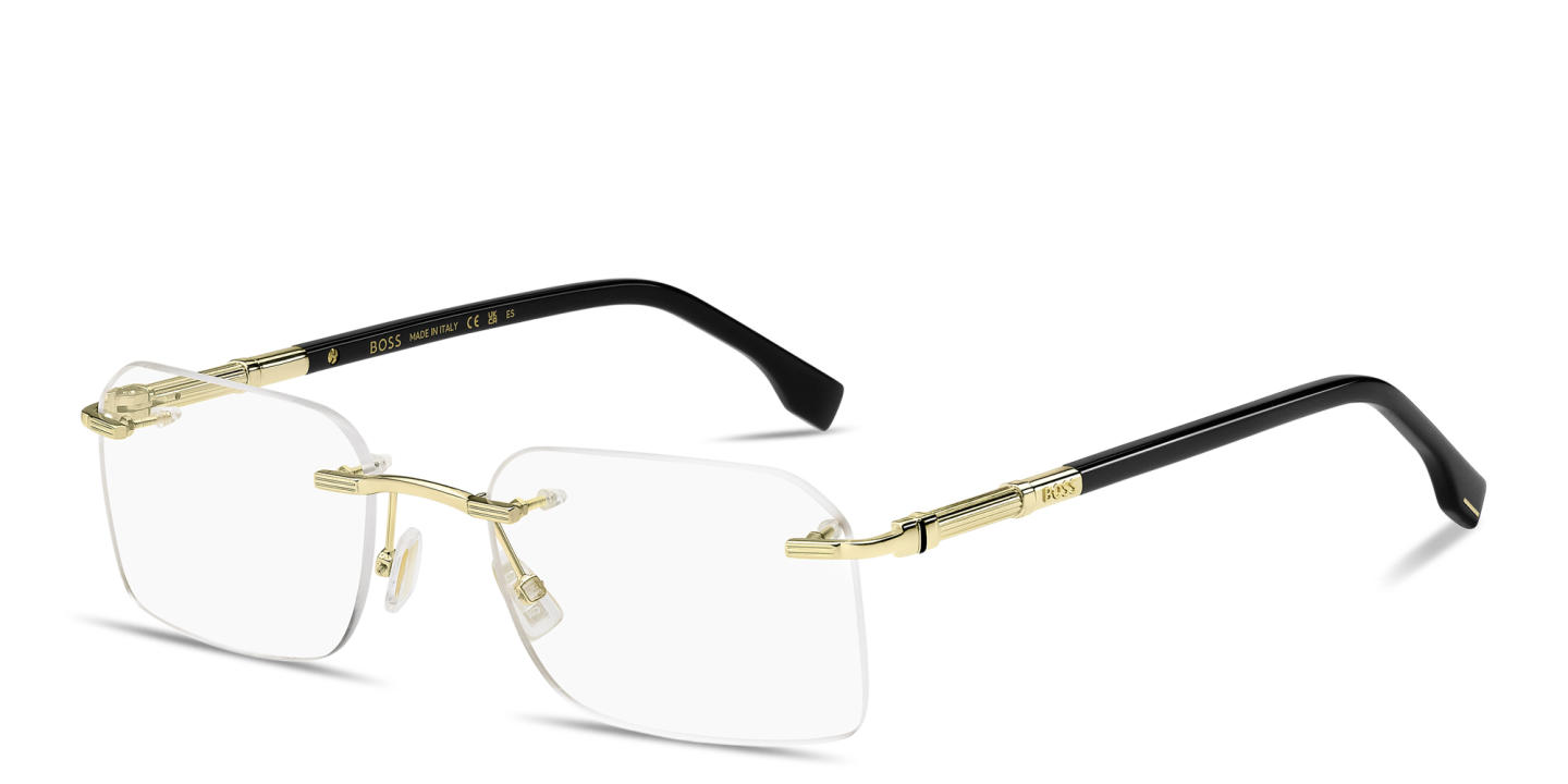 Shop Hugo Boss Logo Signature Rimless Rectangle Eyeglasses in Gold online.