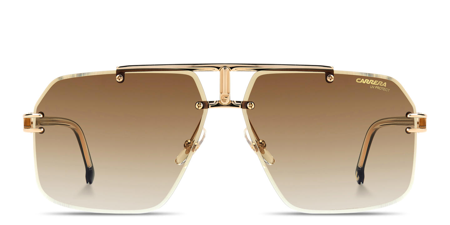 Shop Carrera Engraved Logo Rimless Aviator Sunglasses in Gold online.