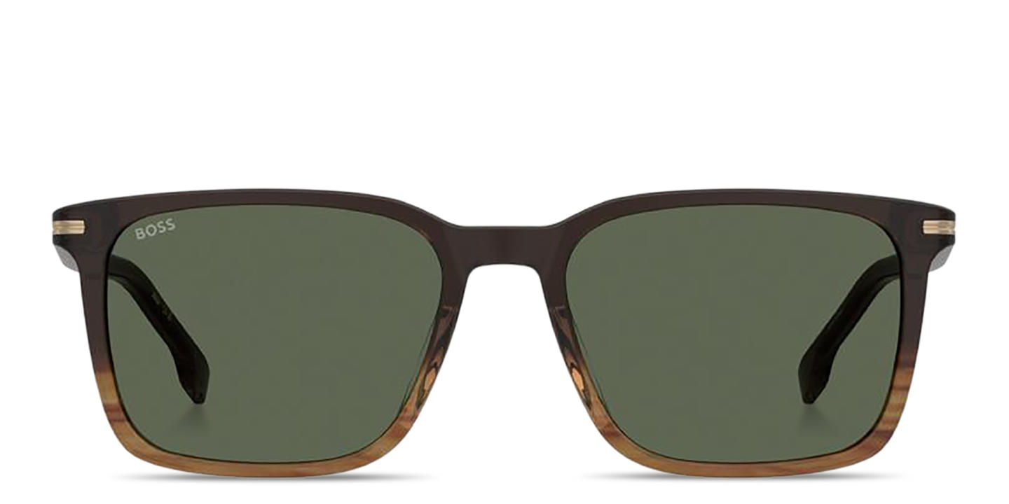 Shop Hugo Boss Logo Lettering Rectangle Sunglasses in Brown Horn online.