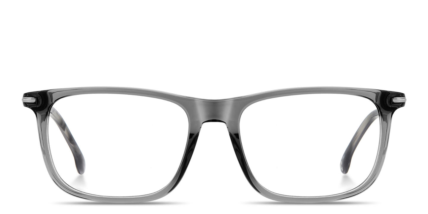 Shop Carrera Logo Print Rectangle Eyeglasses in Transparent Grey online.