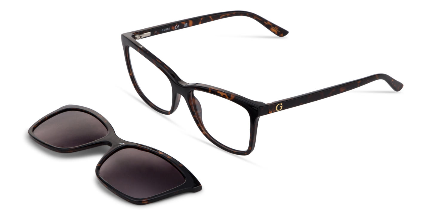 Shop Guess G Logo Clip-On Square Eyeglasses in Dark Havana online.
