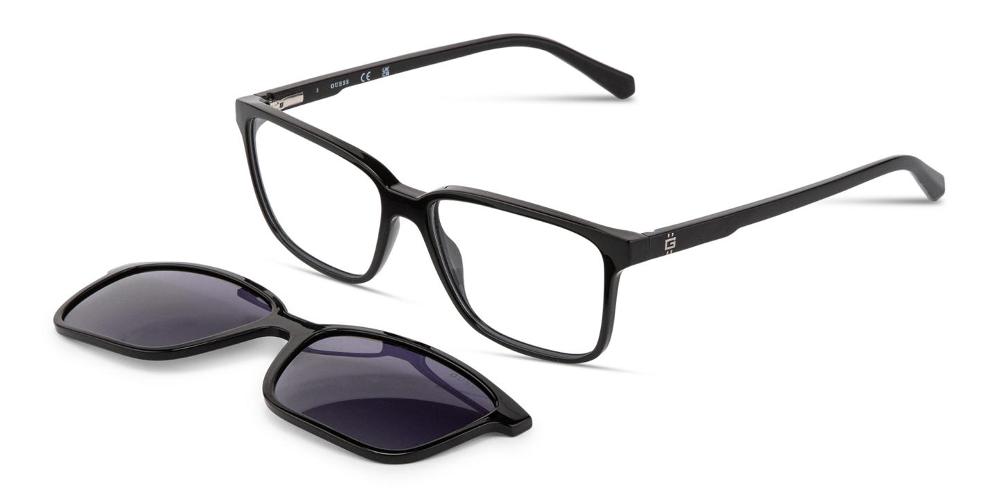 Shop Guess G Logo Clip-On Wide Rectangle Eyeglasses in Black online.