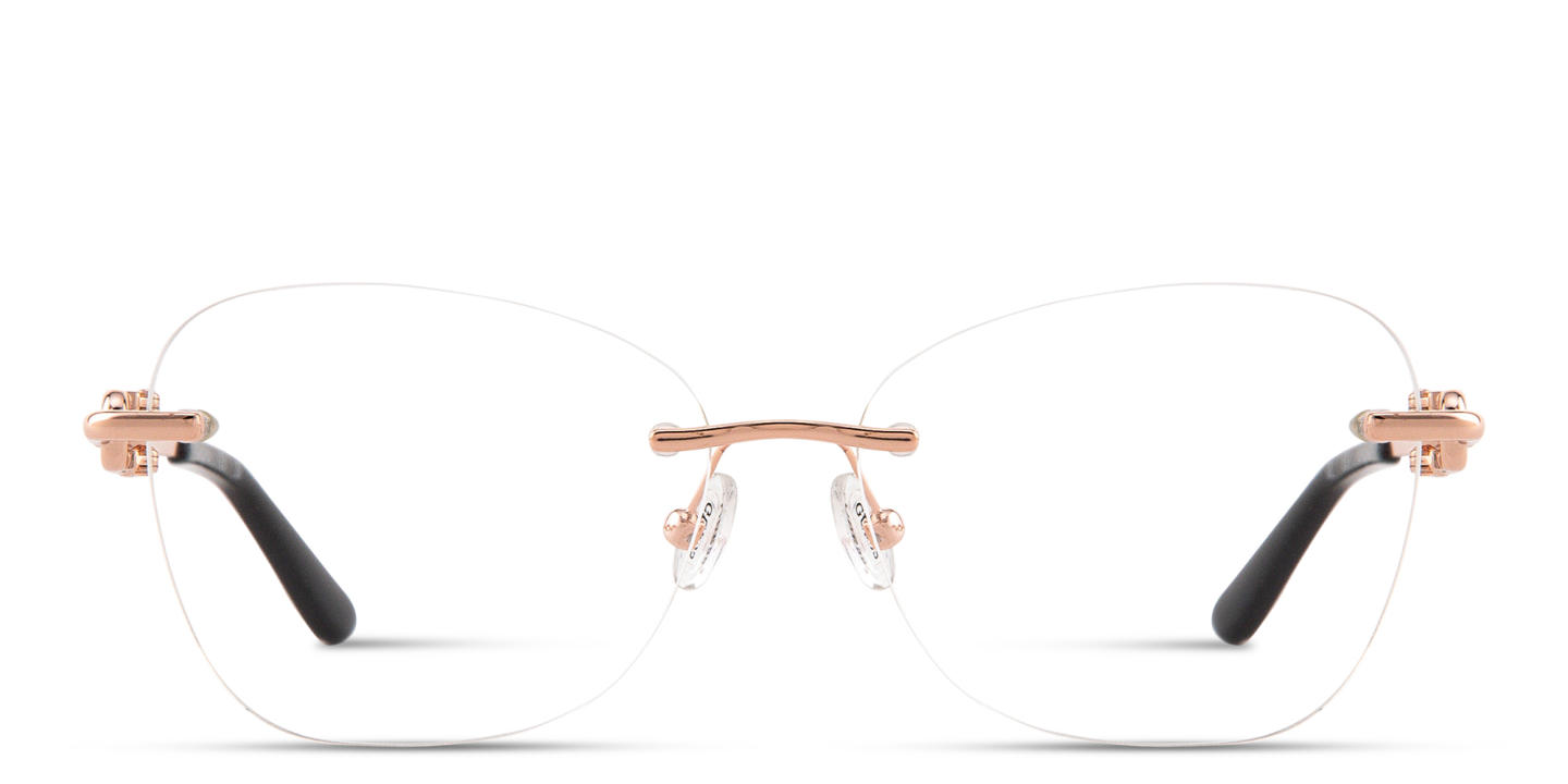 Shop Guess Engraved Logo Rimless Cat-Eye Eyeglasses in Rose Gold online.