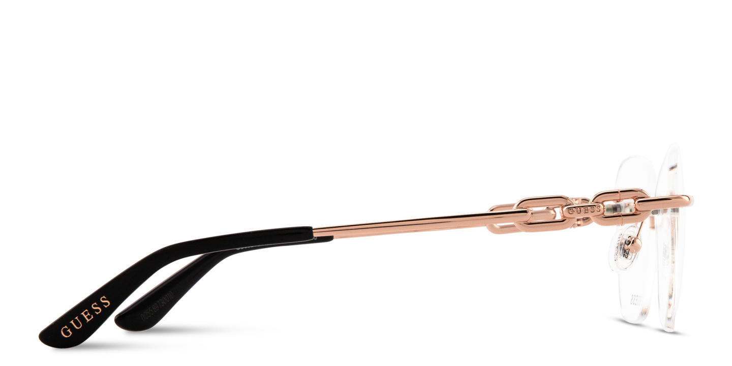 Shop Guess Engraved Logo Rimless Cat-Eye Eyeglasses in Rose Gold online.