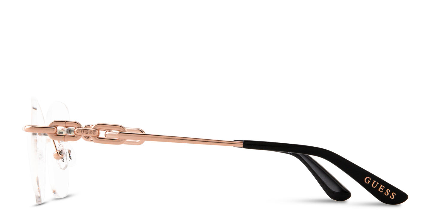 Shop Guess Engraved Logo Rimless Cat-Eye Eyeglasses in Rose Gold online.