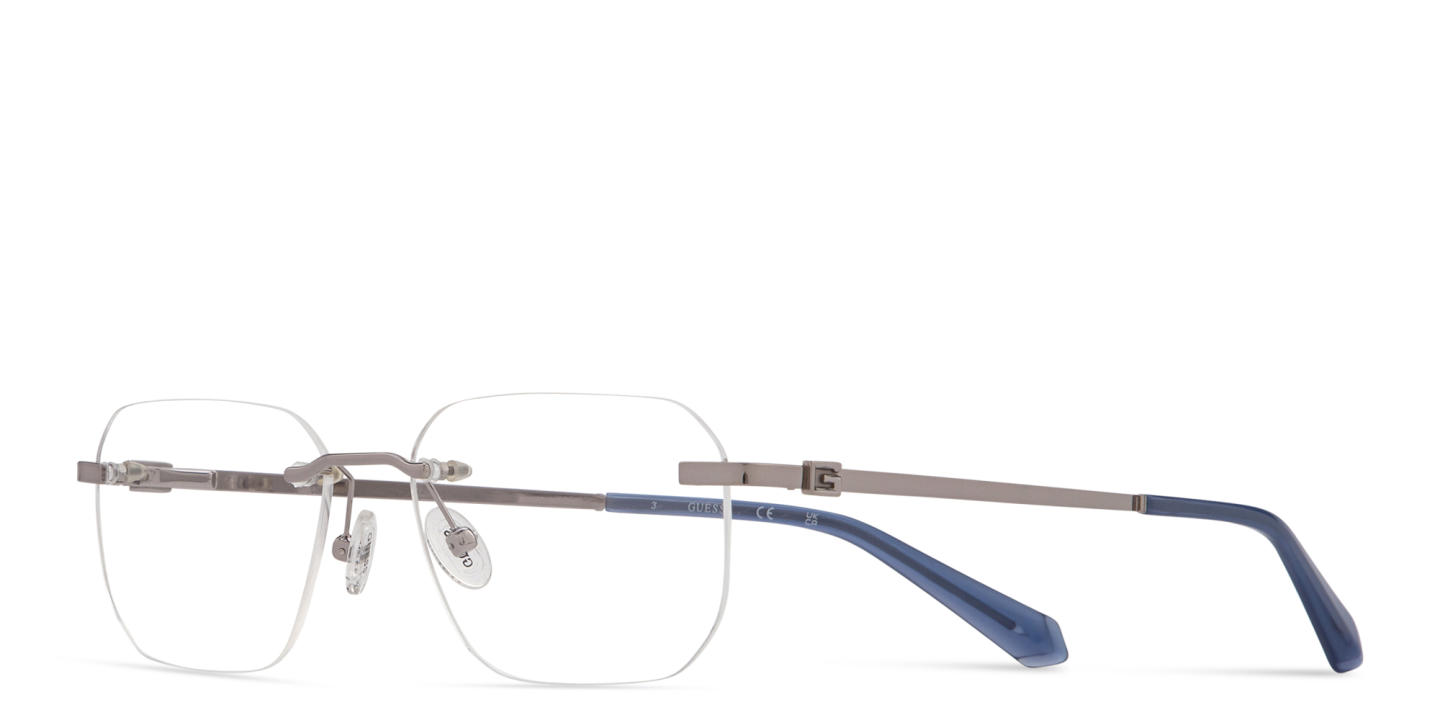 Shop Guess G Logo Rimless Irregular Eyeglasses in Gunmetal online.