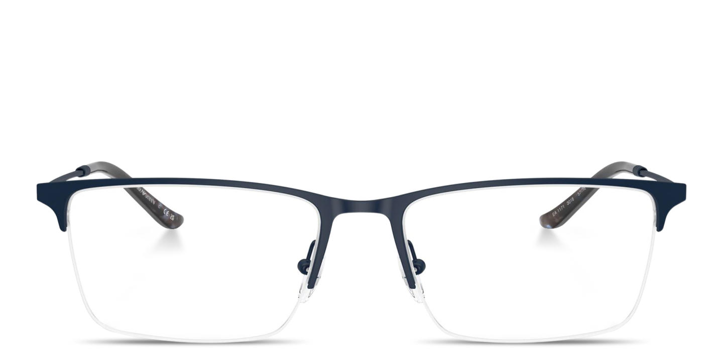 Shop Emporio Armani Eagle Logo Half-Rim Rectangle Eyeglasses in Blue online.