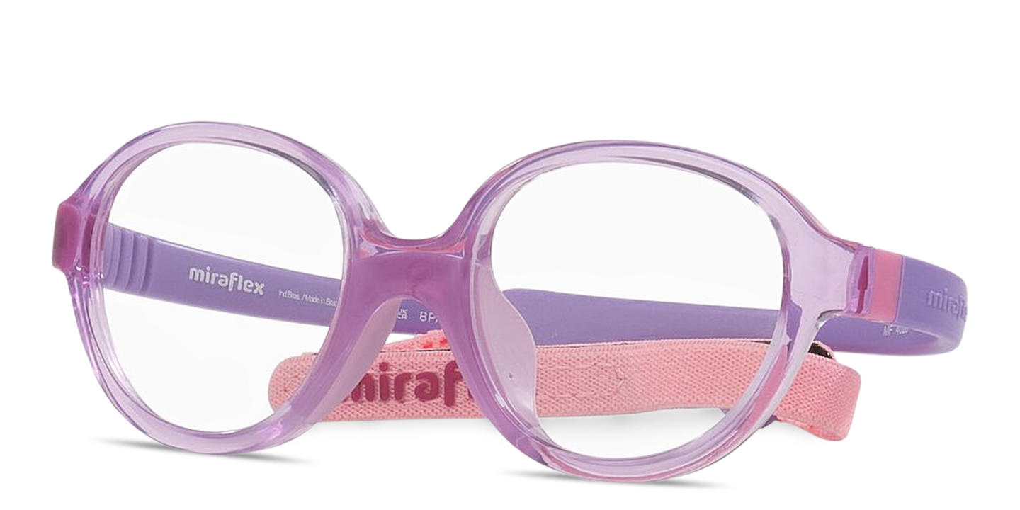 Shop Mira Flex Logo Kids Round Eyeglasses in Transparent Violet online.