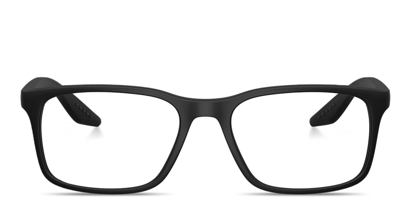 Shop Prada Linea Rossa Logo Lettering Square Eyeglasses in Shiny Black online.
