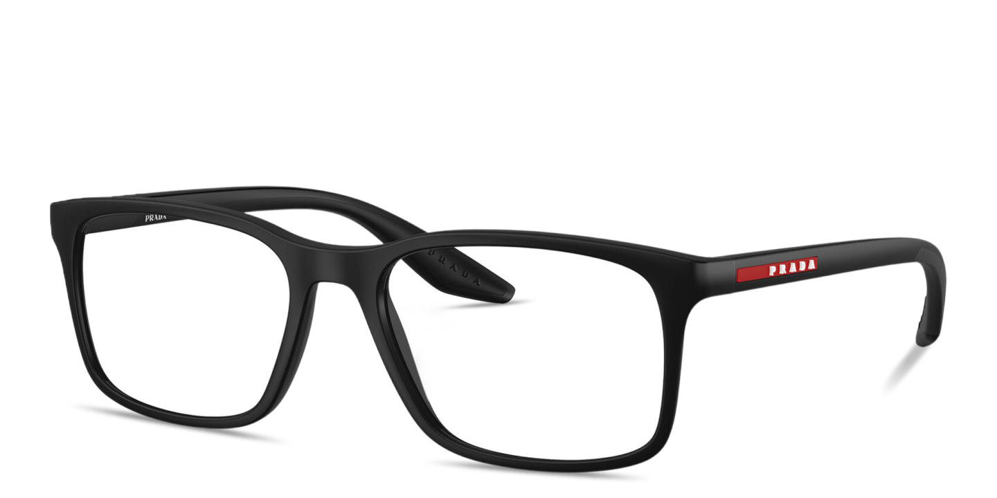 Shop Prada Linea Rossa Logo Lettering Square Eyeglasses in Shiny Black online.