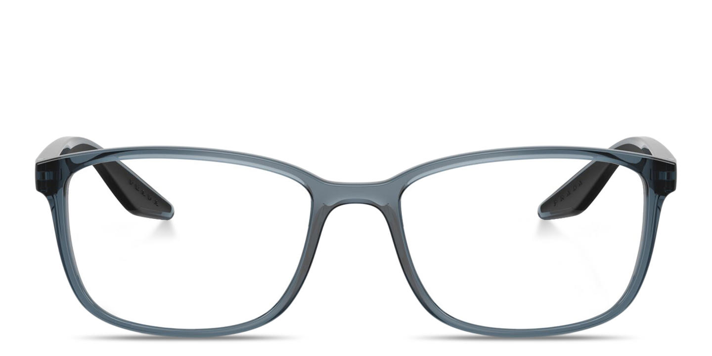 Shop Prada Linea Rossa Logo Signature Wide Pillow Eyeglasses in Transparent Blue online.