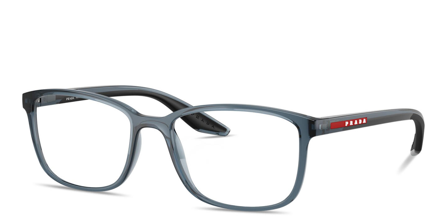 Shop Prada Linea Rossa Logo Signature Wide Pillow Eyeglasses in Transparent Blue online.