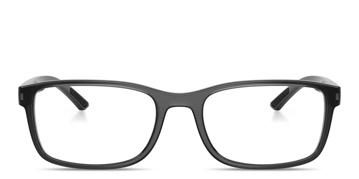 Shop Prada Linea Rossa Logo Signature Wide Pillow Eyeglasses in Transparent Grey online.