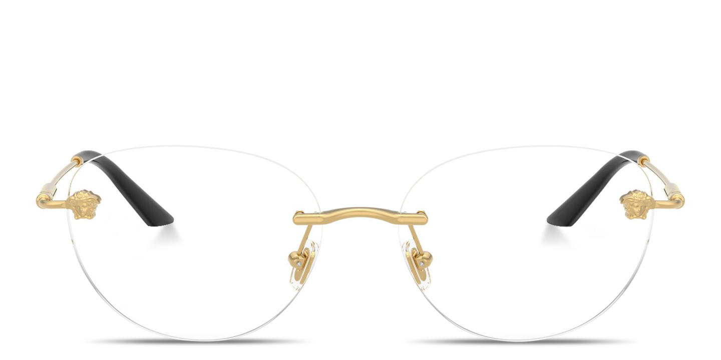 Shop VERSACE Medusa Wide Rimless Round Eyeglasses in Gold online.