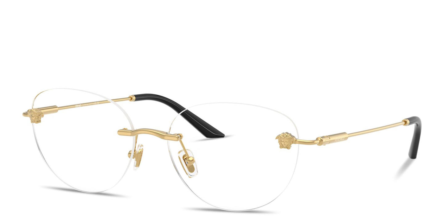 Shop VERSACE Medusa Wide Rimless Round Eyeglasses in Gold online.