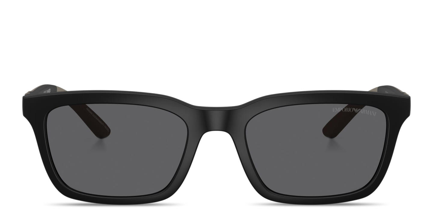 Shop Emporio Armani Embossed Eagle Logo Rectangle Sunglasses in Black online.