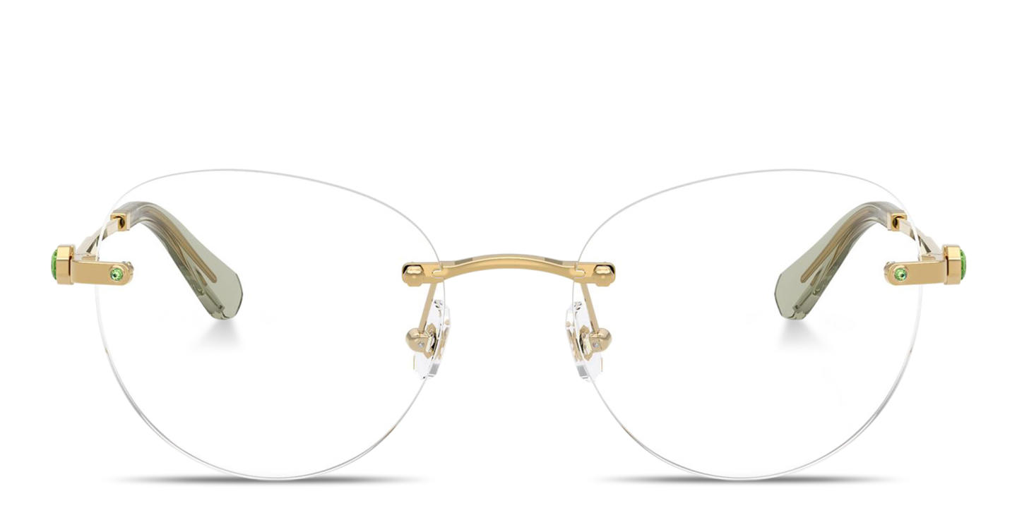 Shop Swarovski Crystal-Embellished Rimless Panthos Eyeglasses in Polished Gold online.