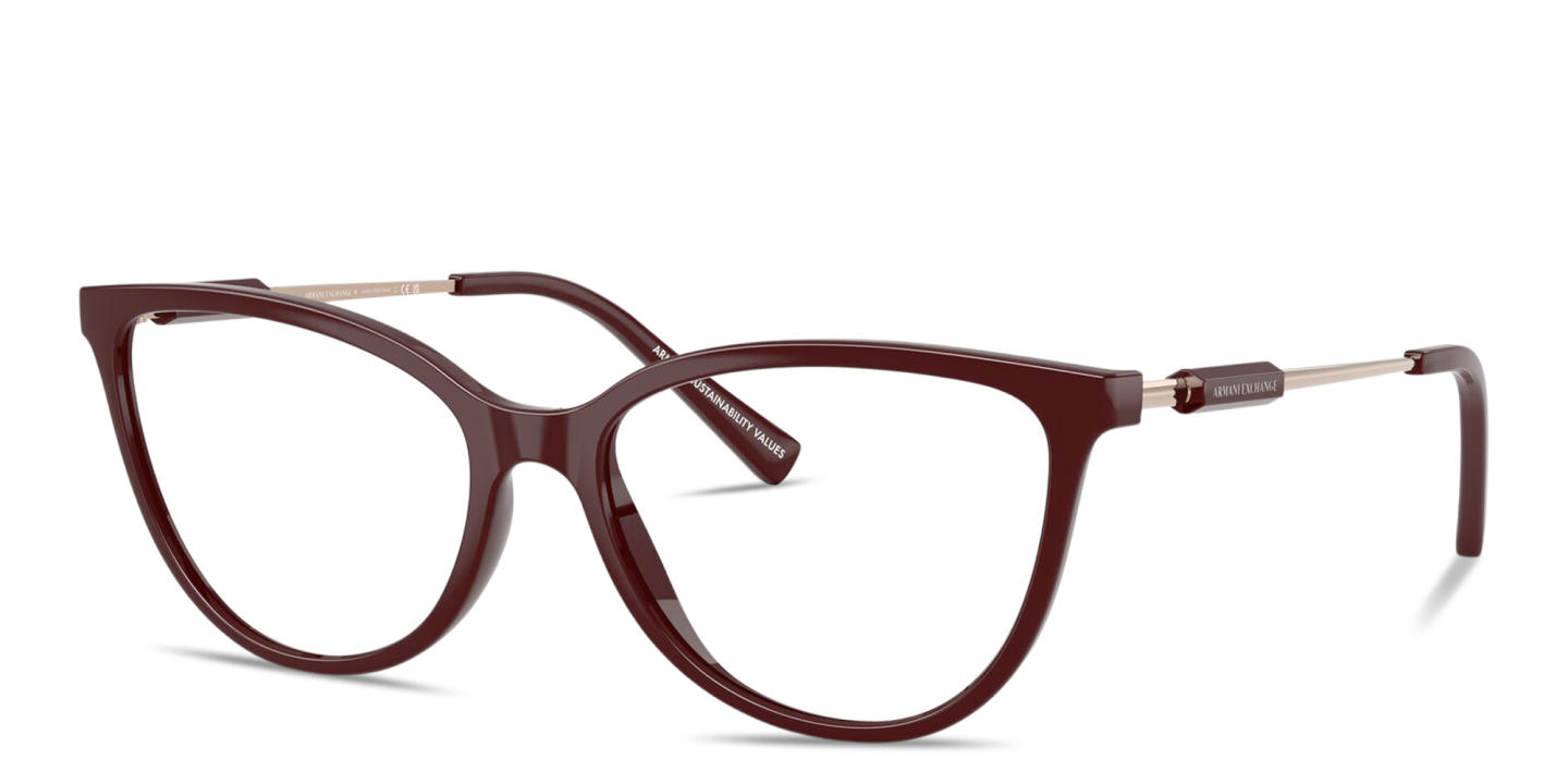 Shop Armani Exchange Logo Lettering Cat-Eye Eyeglasses in Bordeaux online.