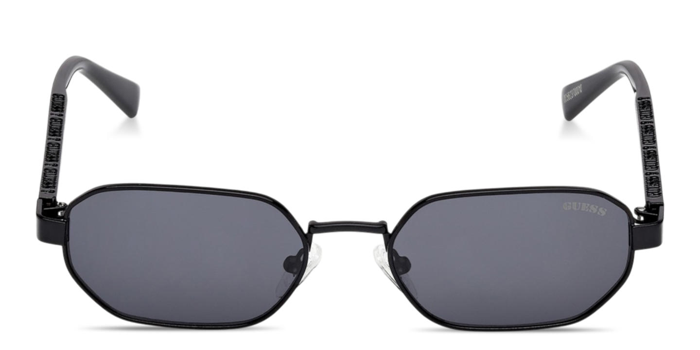 Shop Guess Engraved Logo Unisex Irregular Sunglasses in Black online.