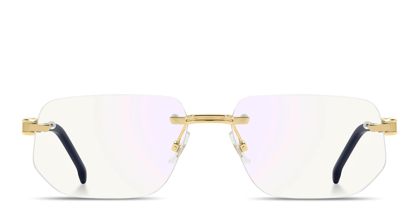 Shop Carrera Engraved Logo Wide Rimless Irregular Eyeglasses in Polished Gold online.
