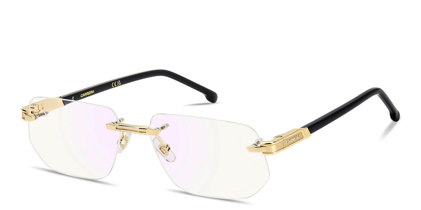 Shop Carrera Engraved Logo Wide Rimless Irregular Eyeglasses in Polished Gold online.