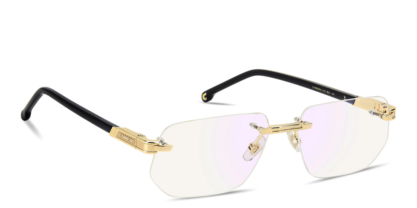 Shop Carrera Engraved Logo Wide Rimless Irregular Eyeglasses in Polished Gold online.