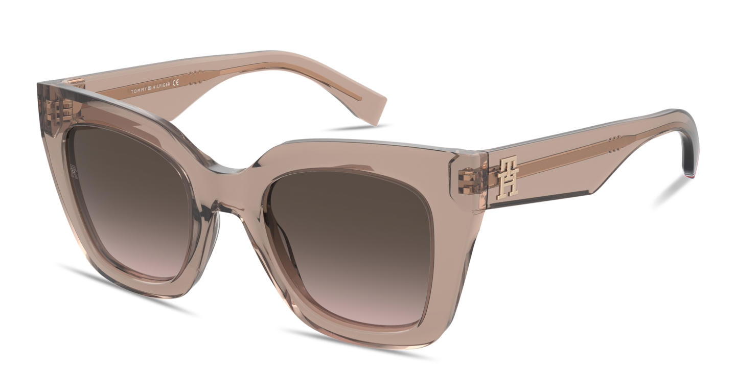 Shop Tommy Hilfiger TH Logo Butterfly Sunglasses in Transparent Nude online.