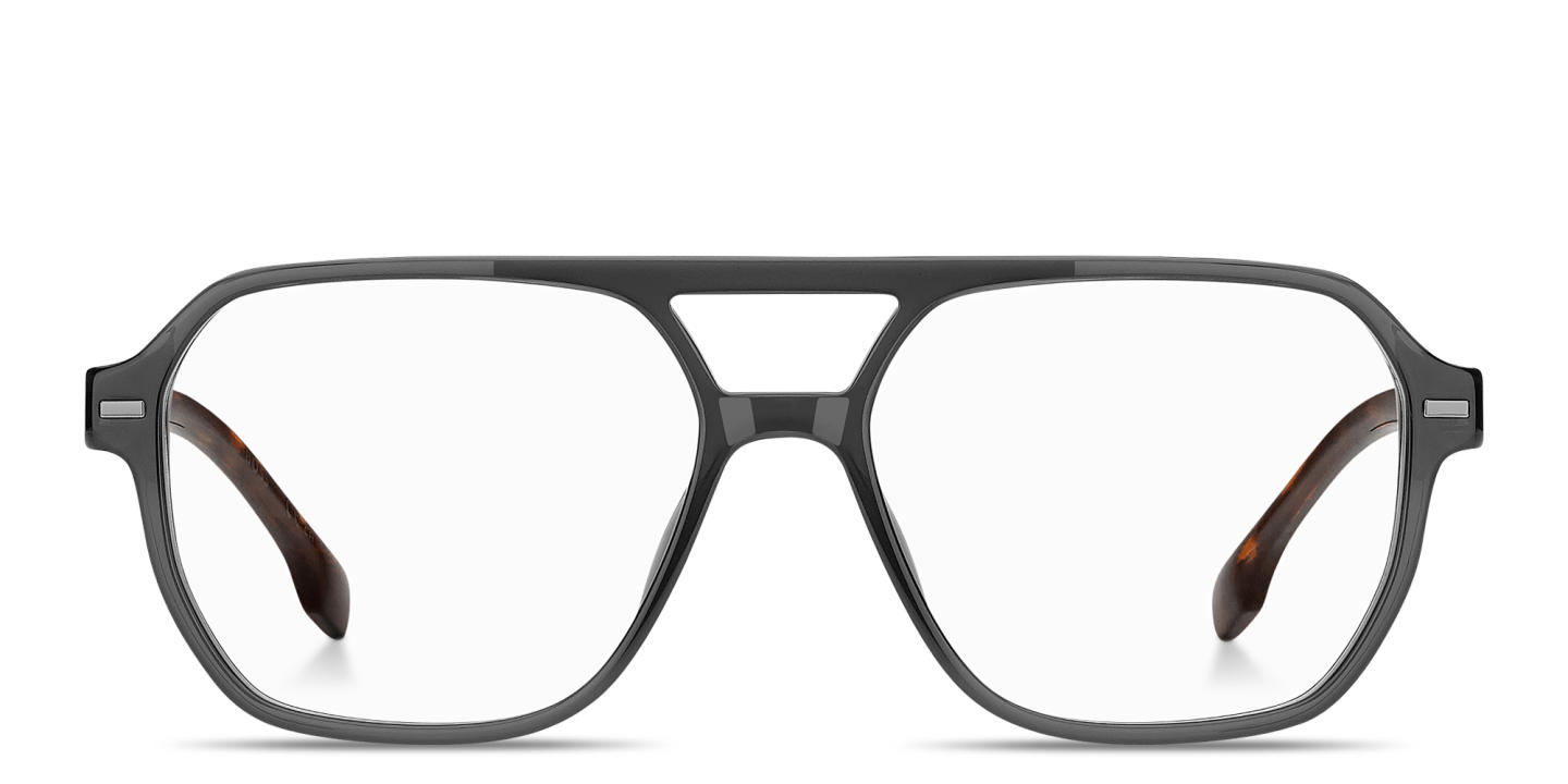 Shop Hugo Boss Logo Wide Square Eyeglasses in Transparent Grey online.