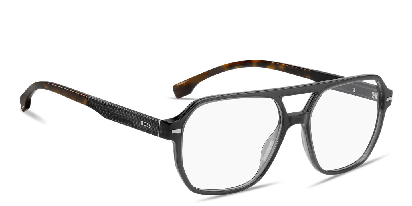 Shop Hugo Boss Logo Wide Square Eyeglasses in Transparent Grey online.