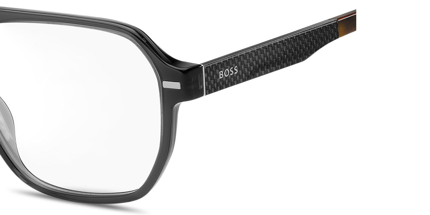 Shop Hugo Boss Logo Wide Square Eyeglasses in Transparent Grey online.