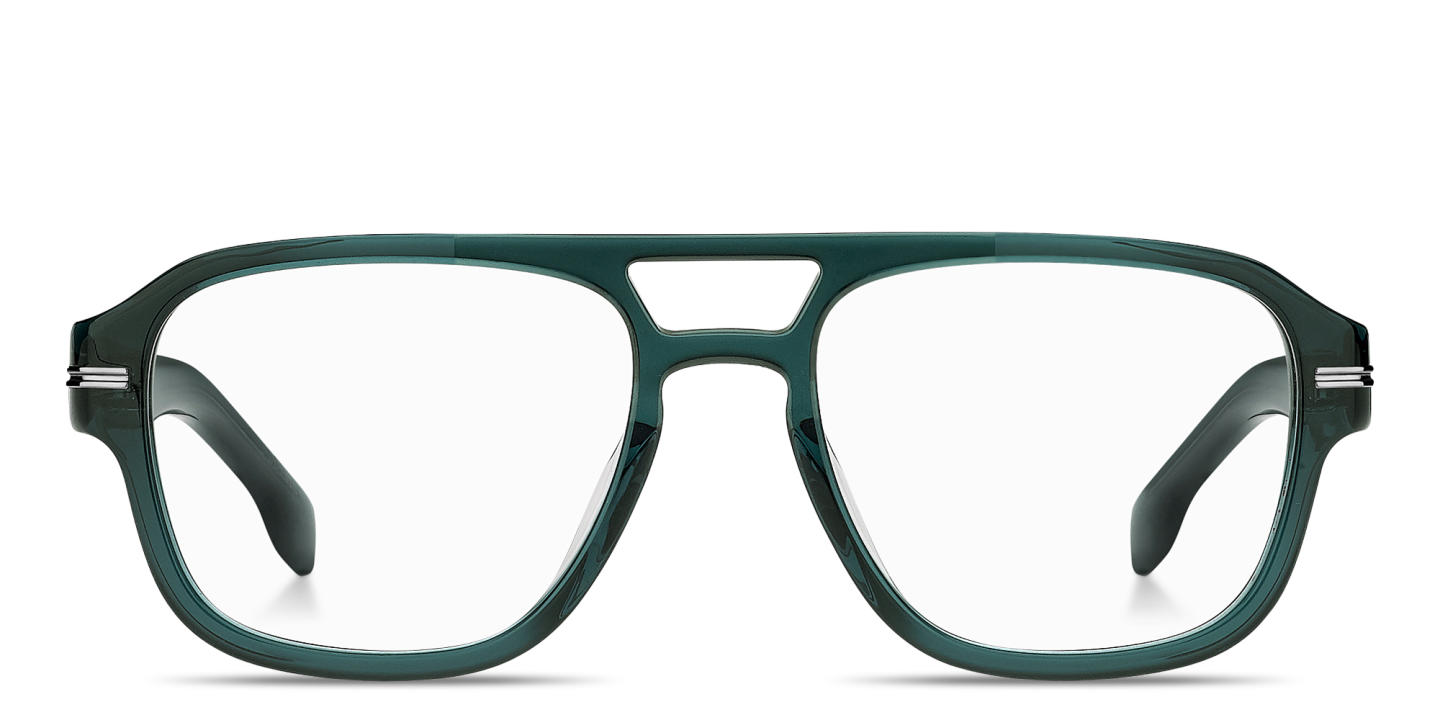 Shop Hugo Boss Logo Lettering Round Eyeglasses in Transparent Teal online.