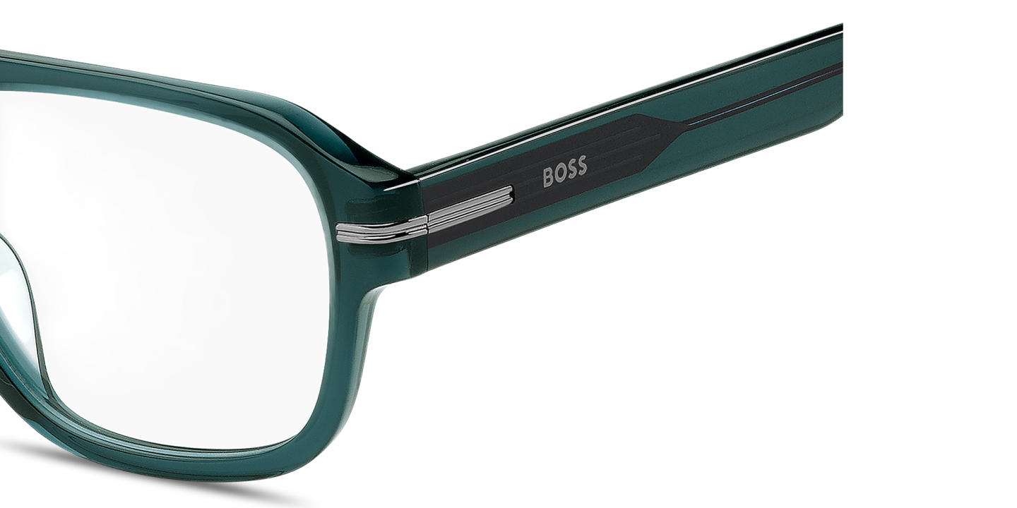 Shop Hugo Boss Logo Lettering Round Eyeglasses in Transparent Teal online.